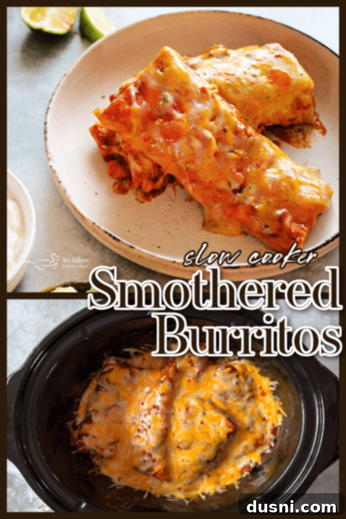 Comforting Slow Cooker Smothered Burritos 11 A serving of Slow Cooker Smothered Burritos on a plate, garnished with fresh cilantro.
