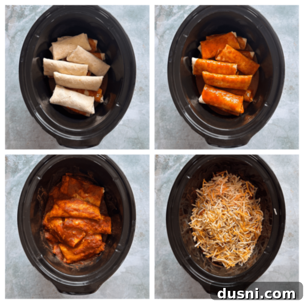 Comforting Slow Cooker Smothered Burritos 8 A slow cooker with the first layer of frozen burritos and enchilada sauce.