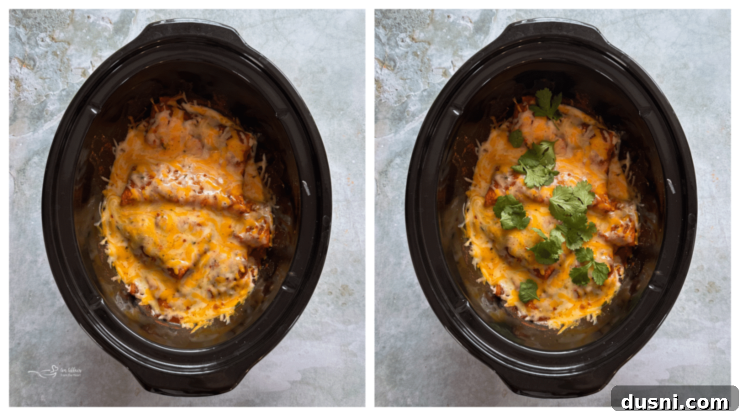 Comforting Slow Cooker Smothered Burritos 9 Frozen burritos layered with enchilada sauce in a slow cooker.