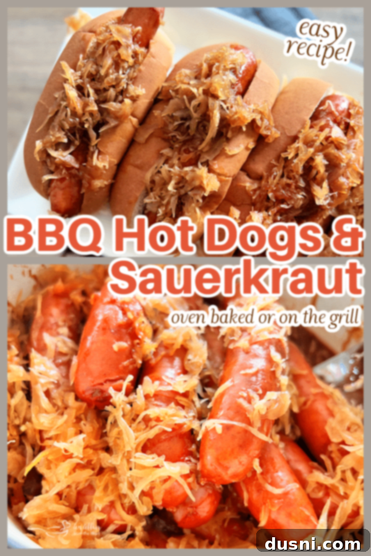 BBQ Hot Dogs and Sauerkraut 11 Cooked BBQ Hot Dogs with Sauerkraut on a bun, ready to eat.