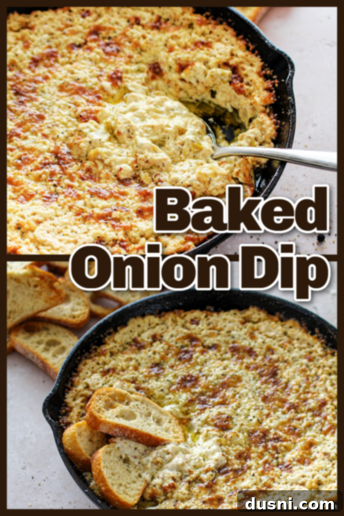 Warm & Bubbly Onion Dip 11 Baked Onion Dip in a baking dish with a serving spoon