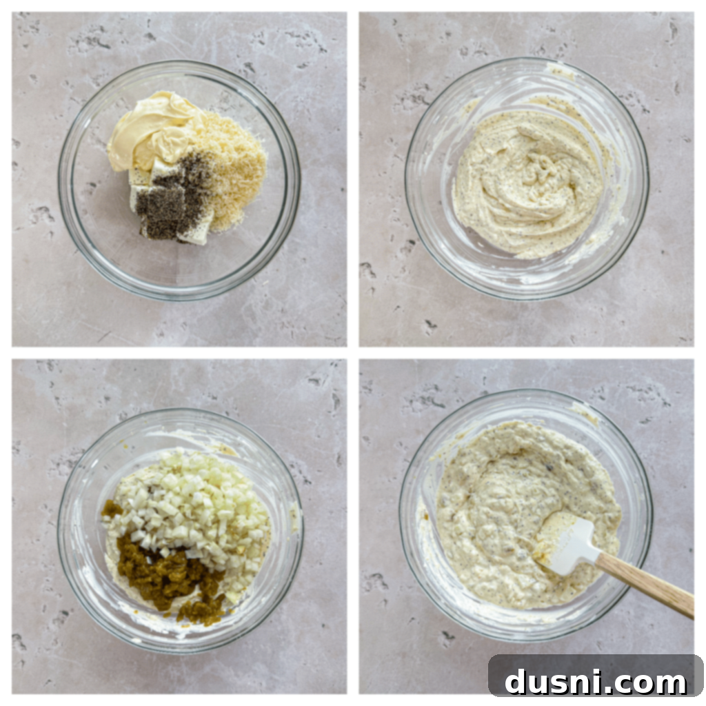 Warm & Bubbly Onion Dip 8 Mixing cream cheese, mayonnaise, Parmesan, and black pepper for the dip