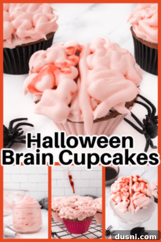 Ghoulish Grey Matter Cupcakes 17 A visually striking arrangement of Halloween Brain Cupcakes, showcasing the intricate brain frosting and edible blood, set against a spooky, dimly lit background. This image captures the essence of a creepy yet delicious Halloween treat.