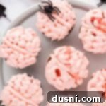 Ghoulish Grey Matter Cupcakes 25 Overhead of cupcakes on a serving plate