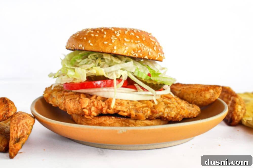 Tenderloin Crunchwich 16 A breaded pork tenderloin sandwich on a wooden board, with a side of fries.