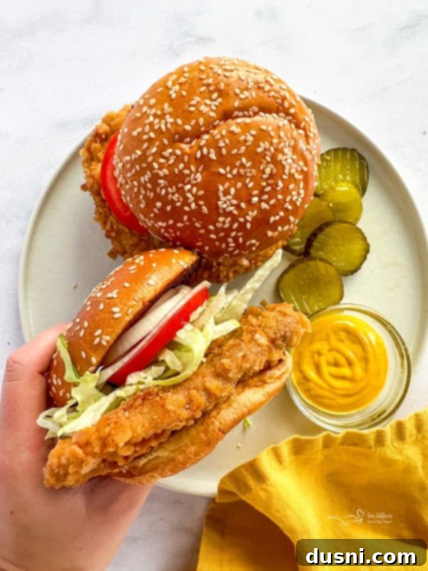 Tenderloin Crunchwich 3 A close-up view of a crispy Breaded Pork Tenderloin Sandwich, highlighting the texture of the breading and fresh toppings.