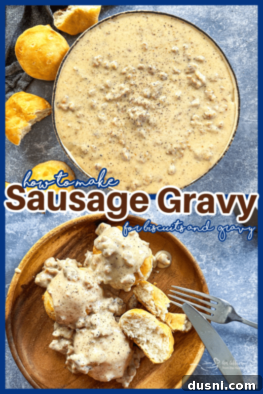 A close-up shot of homemade biscuits and sausage gravy, highlighting the creamy texture and delicious pieces of sausage.