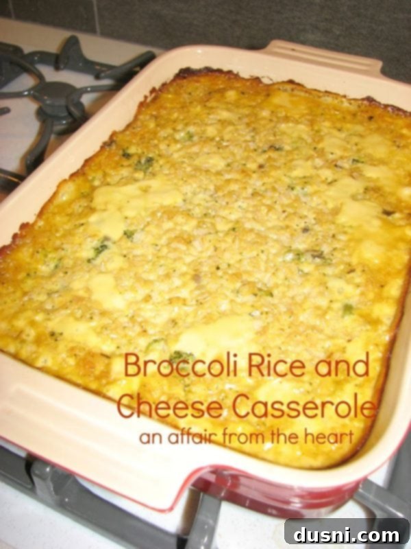 Casserole in a red dish with text "broccoli rice and cheese casserole"