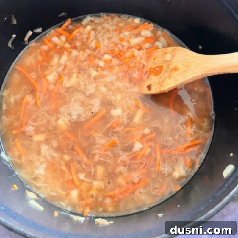 Alsatian Choucroute Soup 11 Adding chicken stock to the soup ingredients.