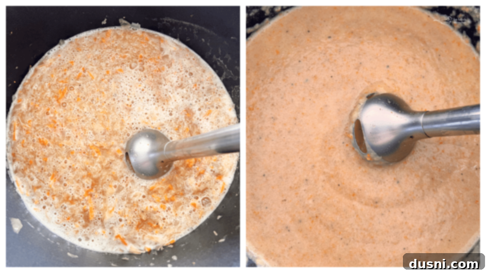 Alsatian Choucroute Soup 13 Pureeing French Sauerkraut Soup with an immersion blender.