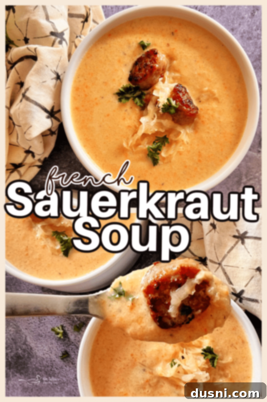 Alsatian Choucroute Soup 17 A vertical image of French Sauerkraut Soup in a bowl on a wooden surface.