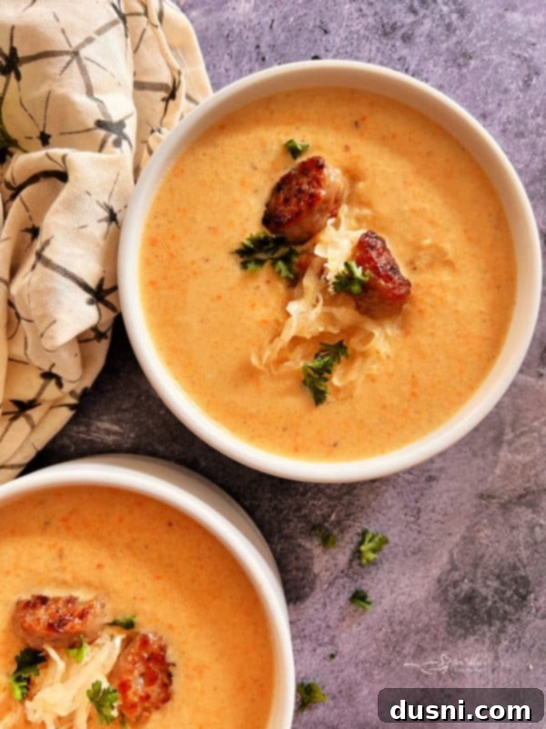 Alsatian Choucroute Soup 3 A close-up of French Sauerkraut Soup in a white bowl with a spoon.