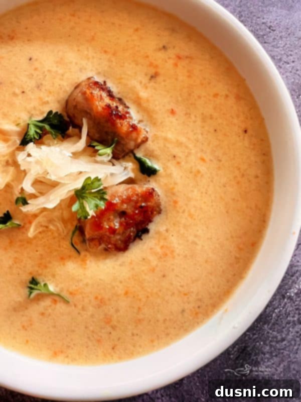 Alsatian Choucroute Soup 4 Ingredients for French Sauerkraut Soup laid out on a wooden board.