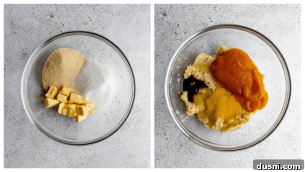 Butter and sugars being creamed in a stand mixer