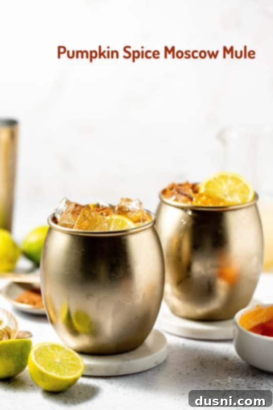 A beautifully presented Pumpkin Spice Moscow Mule in a copper mug, ready to drink.