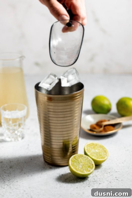 Step 1: Fill a cocktail shaker with ice.