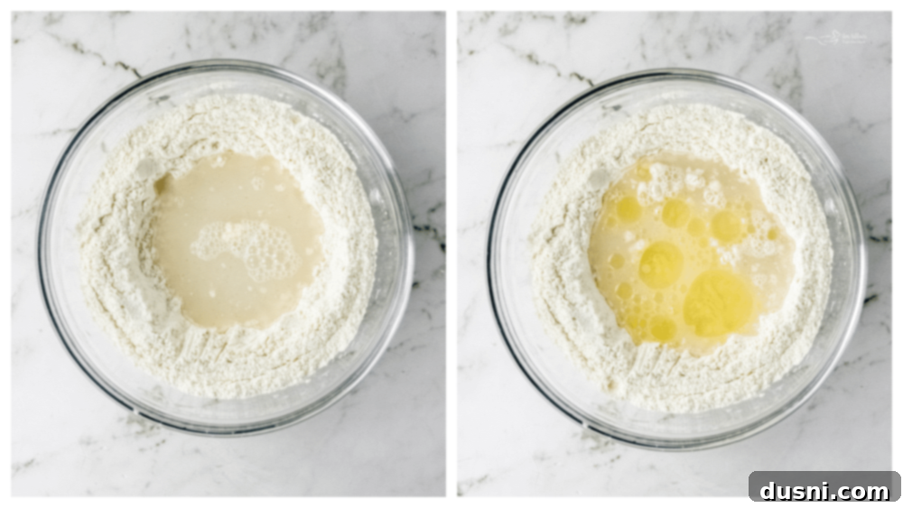Step 2: Adding wet ingredients to the flour mixture