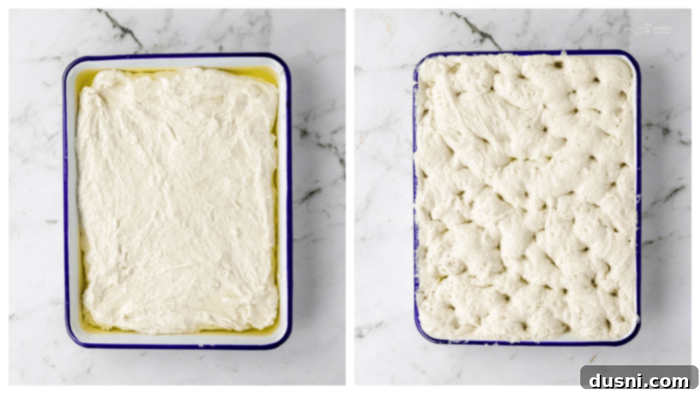 Step 4: Transferring focaccia dough to an oiled baking pan