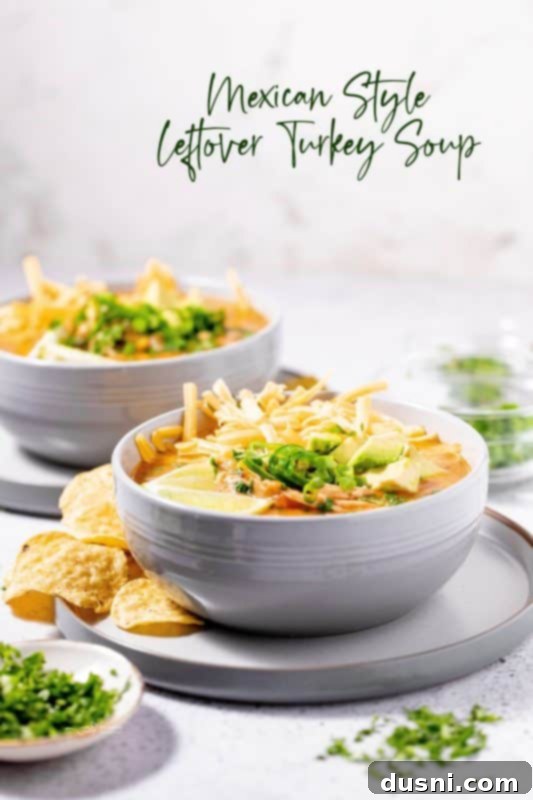 Zesty Mexican Leftover Turkey Soup 16 Hero image of Mexican Style Leftover Turkey Soup in a white bowl with cilantro and lime garnish.