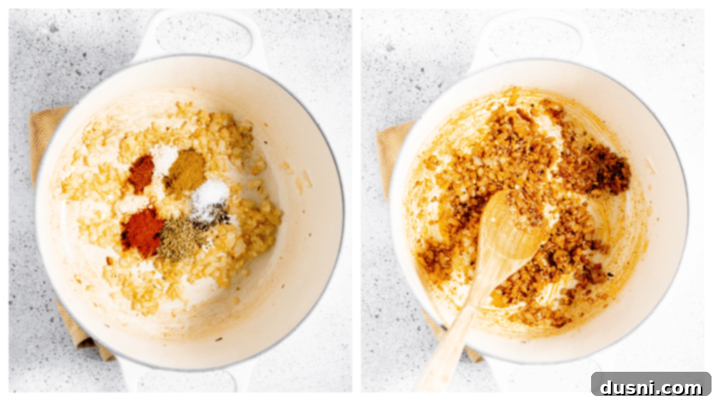 Zesty Mexican Leftover Turkey Soup 8 Step-by-step image of garlic and spices added to onions in a pot.