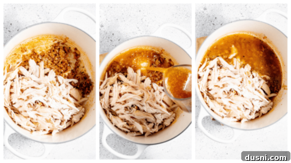 Zesty Mexican Leftover Turkey Soup 9 Step-by-step image of cooked turkey and chicken stock added to the pot.