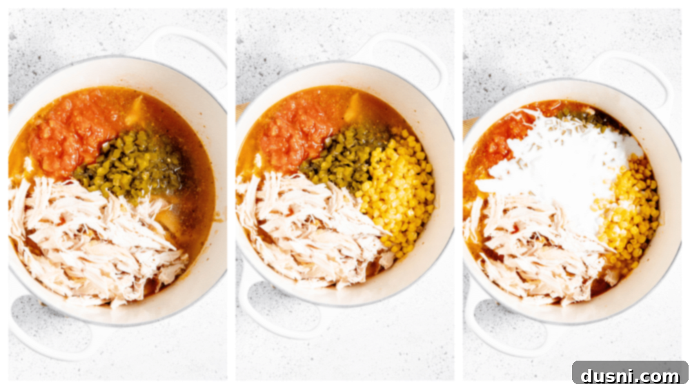 Zesty Mexican Leftover Turkey Soup 10 Step-by-step image of tomatoes, corn, jalapenos, and coconut milk added to the soup.