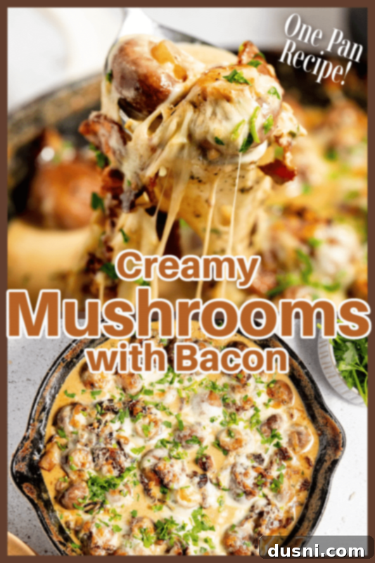Velvety Bacon Mushroom Skillet 18 Creamy Mushrooms with Bacon dish, garnished with fresh herbs, in a rustic setting