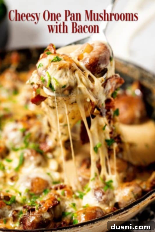 Velvety Bacon Mushroom Skillet 22 Hero shot of the creamy mushrooms and bacon dish in a rustic setting