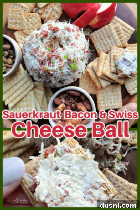 A stunning vertical shot of the Sauerkraut Bacon & Swiss Cheese Ball on a dark platter, adorned with fresh herbs, ideal for social media sharing.