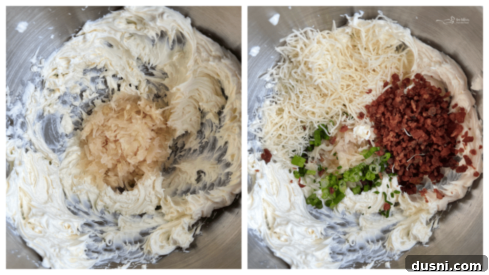 Drained sauerkraut being added to the whipped cream cheese in a mixing bowl.