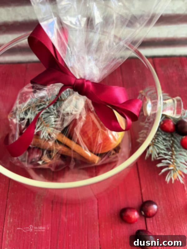 Bundled holiday simmer pot ingredients with a gift tag.