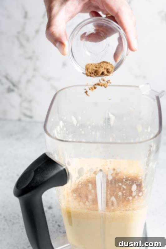 Homemade Blender Eggnog 12 Sprinkling ground cinnamon and nutmeg into the eggnog mixture in the blender.