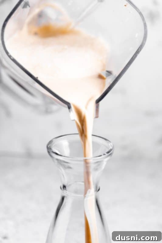 Homemade Blender Eggnog 14 The blended homemade eggnog, ready to be poured into a storage container.