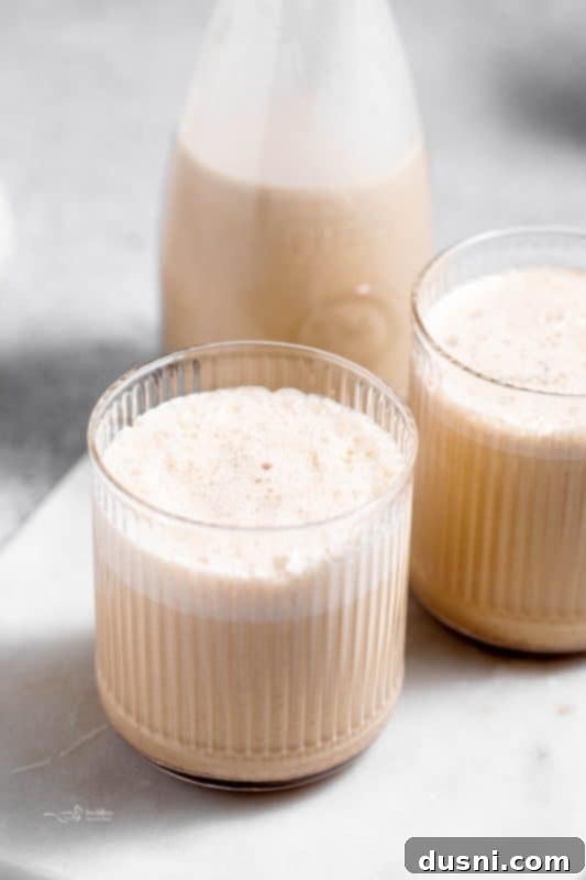 Homemade Blender Eggnog 16 A beautifully presented glass of homemade eggnog with a cinnamon stick, ready to serve.