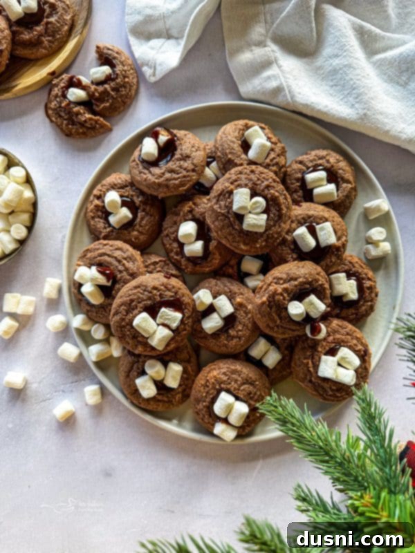 Hot Cocoa Thumbprint Delights 2 A plate of Hot Chocolate Thumbprint Cookies topped with chocolate ganache and mini marshmallows.