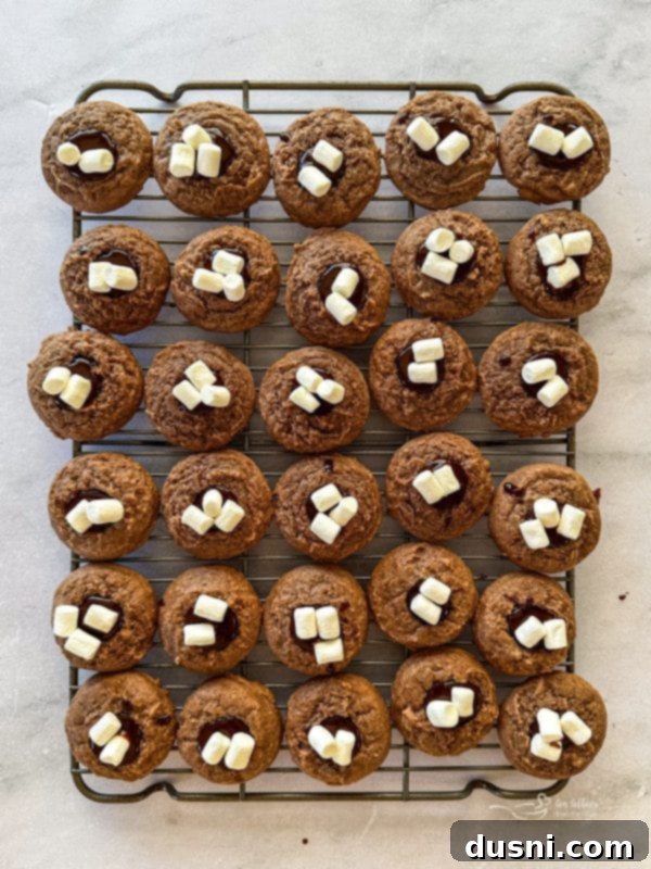 Hot Cocoa Thumbprint Delights 13 Topping hot chocolate thumbprint cookies with mini marshmallows.