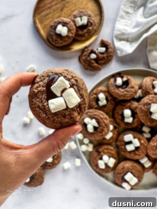 Hot Cocoa Thumbprint Delights 17 A batch of freshly baked Hot Chocolate Thumbprint Cookies with melting marshmallows.