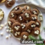 Hot Cocoa Thumbprint Delights 22 Hot Chocolate Thumbprint Cookies on a white serving plate