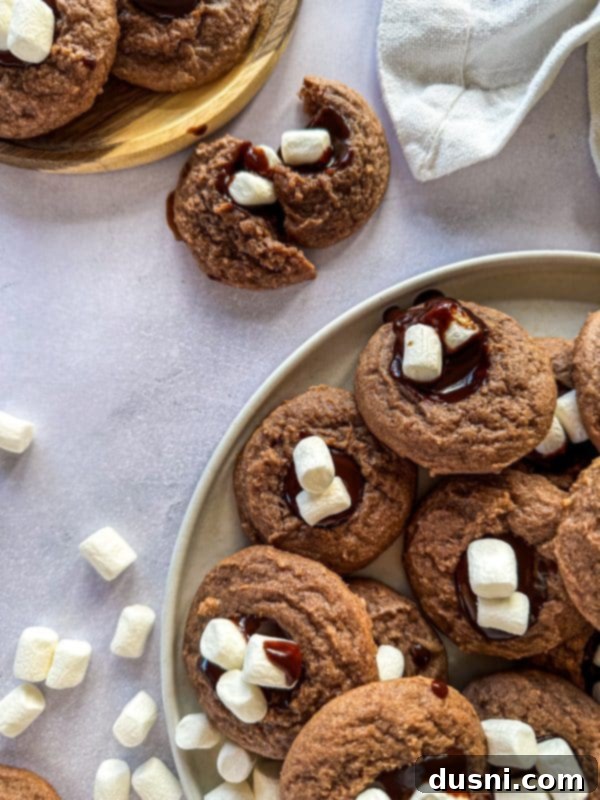Hot Cocoa Thumbprint Delights 5 Ingredients laid out for Hot Chocolate Thumbprint Cookies recipe including chocolate, butter, sugar, eggs, vanilla, flour, Cool Whip, and marshmallows.