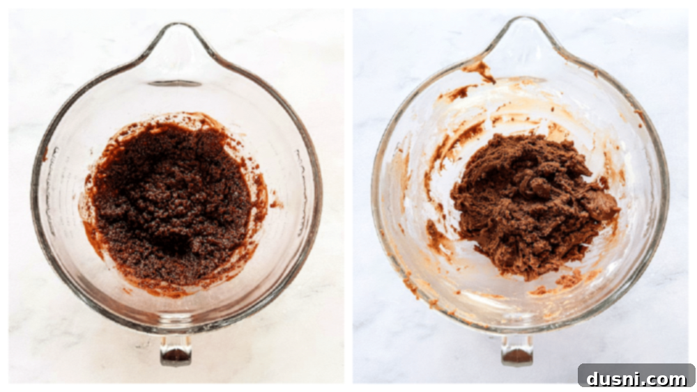 Hot Cocoa Thumbprint Delights 7 Mixing sugar, vanilla, and eggs into the cooled chocolate mixture.