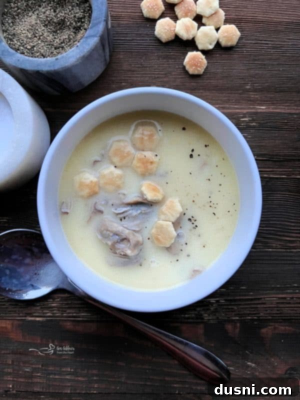 Velvety Oyster Stew 2 A warm bowl of classic oyster stew topped with fresh parsley, ready to be enjoyed.