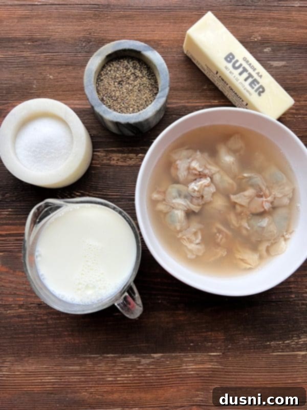 Velvety Oyster Stew 5 Ingredients for homemade oyster stew including fresh oysters, milk, and butter.