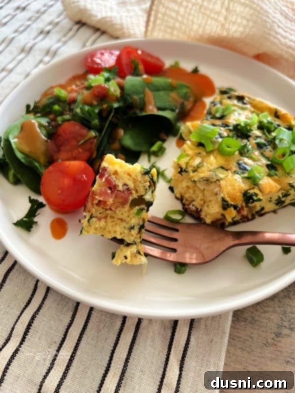 Dorothy's Hearty Bacon & Potato Frittata 13 Bottle of Dorothy Lynch Dressing next to a bowl of frittata