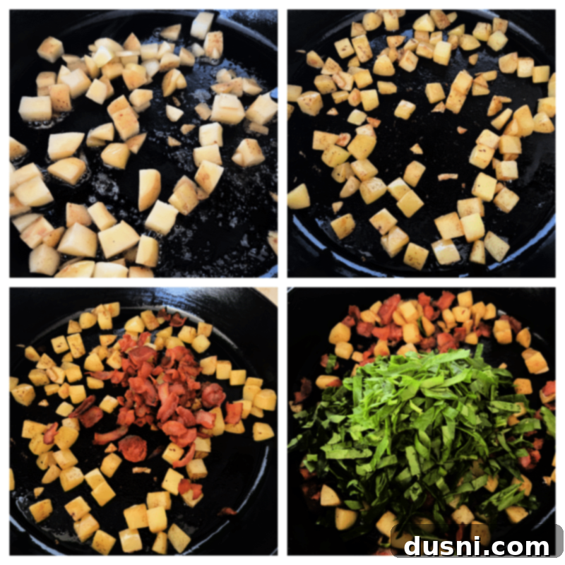 Dorothy's Hearty Bacon & Potato Frittata 7 Cubed potatoes cooking in a cast iron skillet with bacon grease