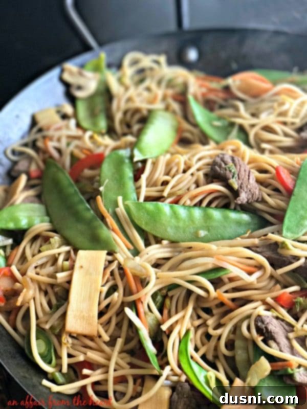 Savory Beef Lo Mein 18 Another beautiful presentation of Beef Lo Mein, emphasizing the sauce and ingredients.