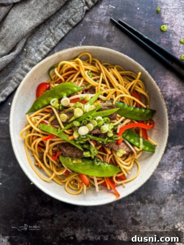 Savory Beef Lo Mein 3 Another close-up of Beef Lo Mein in a serving bowl, highlighting the texture of the noodles and the variety of vegetables.