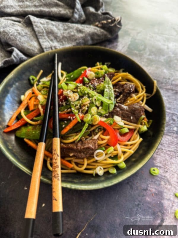 Savory Beef Lo Mein 4 Another appealing photo of Beef Lo Mein, showcasing the fresh ingredients and the rich color of the sauce.
