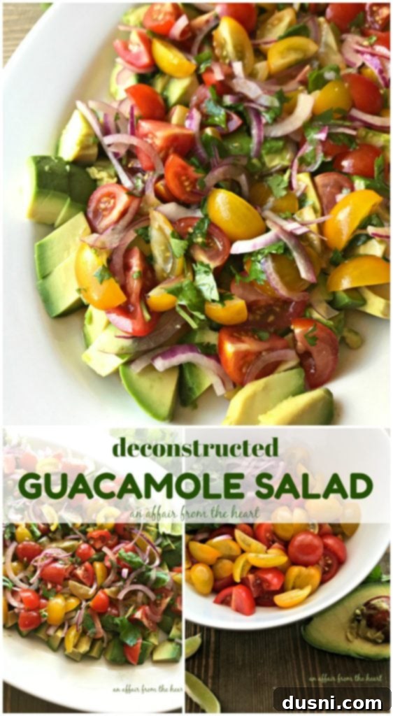 Close-up of deconstructed guacamole salad ingredients in a bowl, highlighting the colorful chunks of tomatoes, avocado, and red onion.