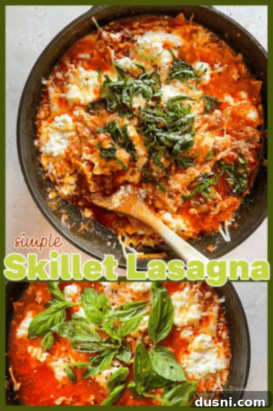 Finished skillet lasagna with serving spatula