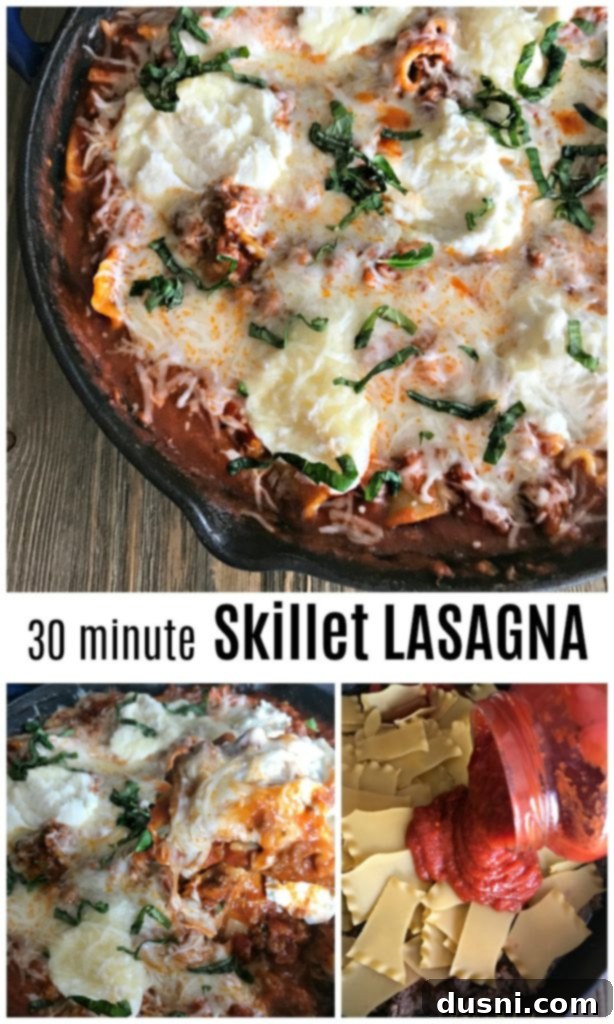 Full skillet of lasagna with a serving spoon